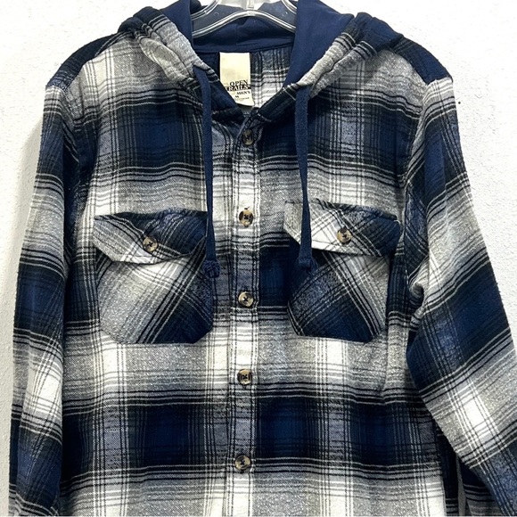 Open Trails Mens Hooded Blue and Grey Button Up Flannel Shacket Size Medium - Picture 2 of 4